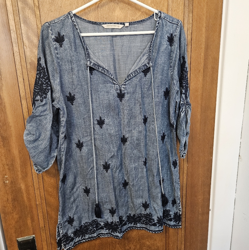 Soft Surroundings Blue Denim Embroidered Tunic Top, S